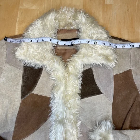 Vintage STATIC Genuine Suede Leather Patchwork Faux Fur Trim Jacket - Brown/Tan - Picture 10 of 16